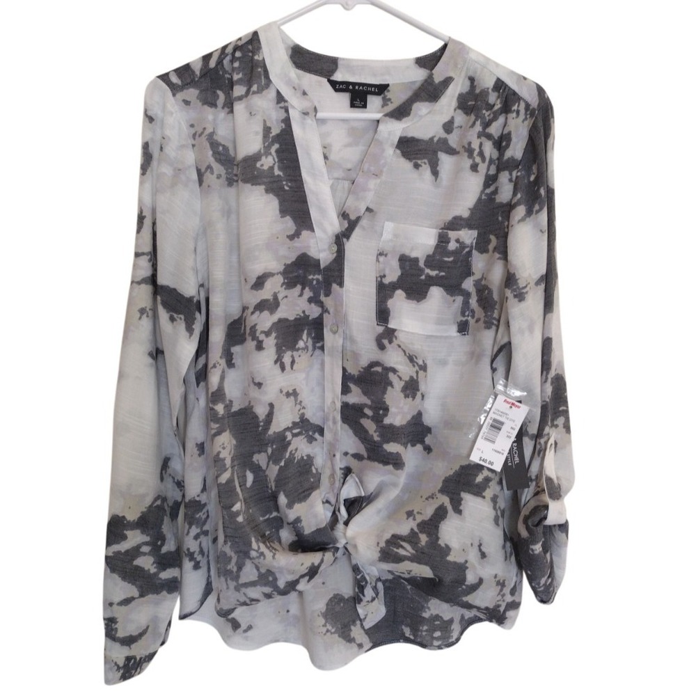 Zac & Rachel Blouse L Women's Gray Abstrac Roll Tap Long Sleeve Button Front